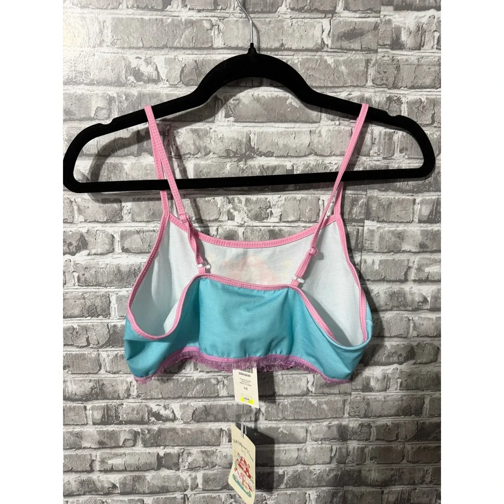 Hello Kitty and Friends Mushroom Bralette Aqua Pink Lace Trim Crop Top LG NWT